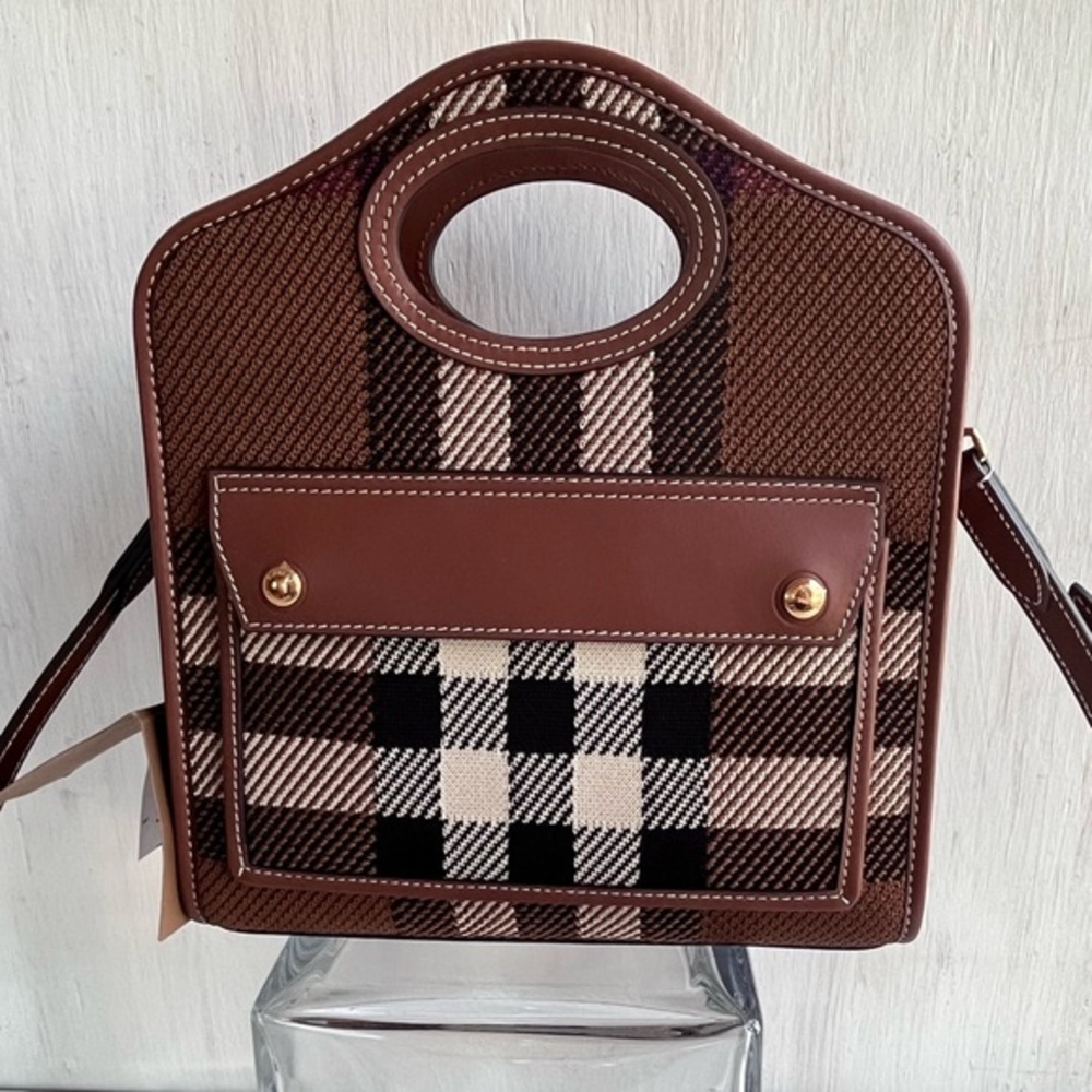 BURBERRY Mini Check Jacquard Pocket Bag- Dark Birch Brown - Picture 3 of 14